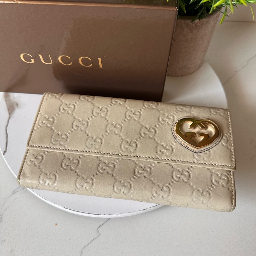 Gucci Guccissima Monogram Ivory Leather Lovely Heart Continental Long Wallet - Picture 1 of 14